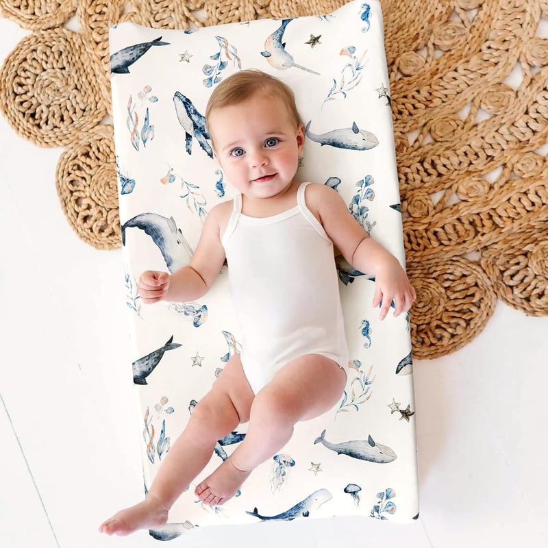 GRSSDER Stretch Ultra Soft Jersey Knit Changing Pad Cover Set 2 Pack, Change Table Pad Covers Fit 32"/34" x 16" Pads Safe and Snug, Sea Fish Print for Girls and Boys - Image 5